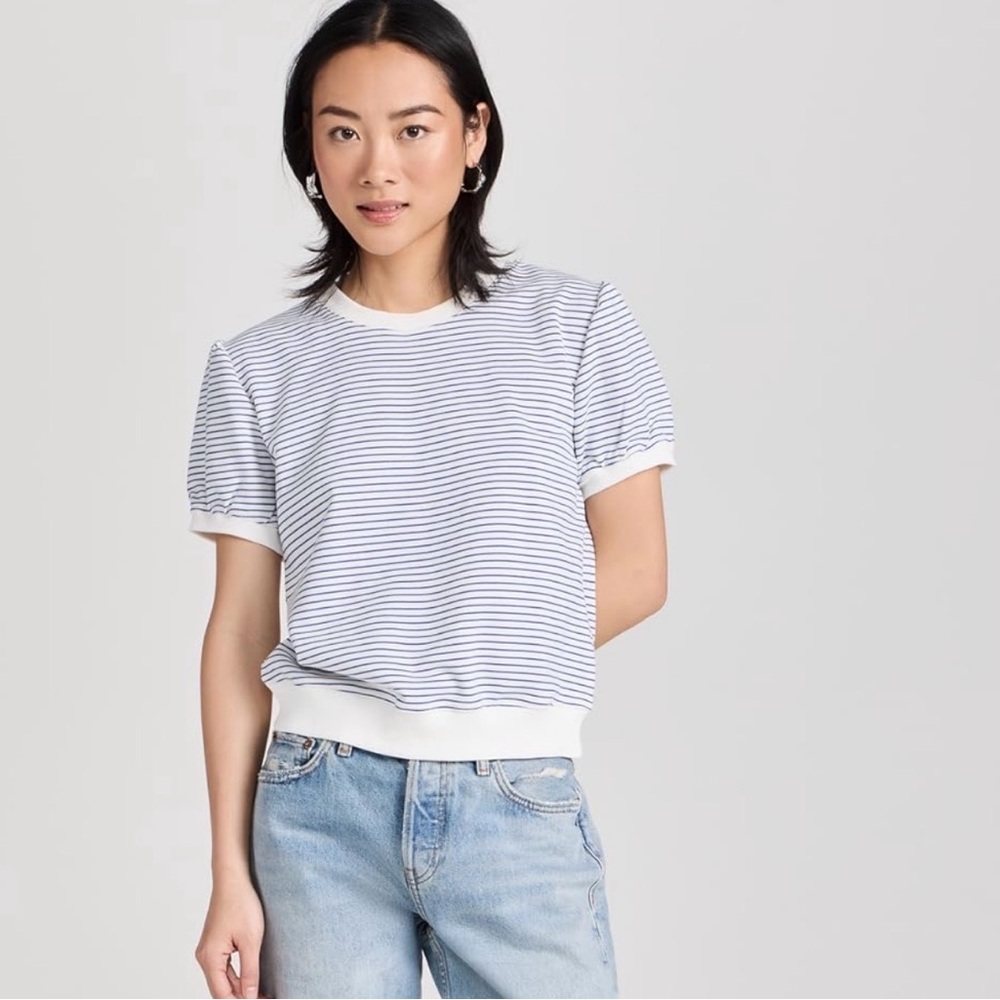 English Factory - Stripped Terry Puff Sleeve Sweatshirt in White and Blue